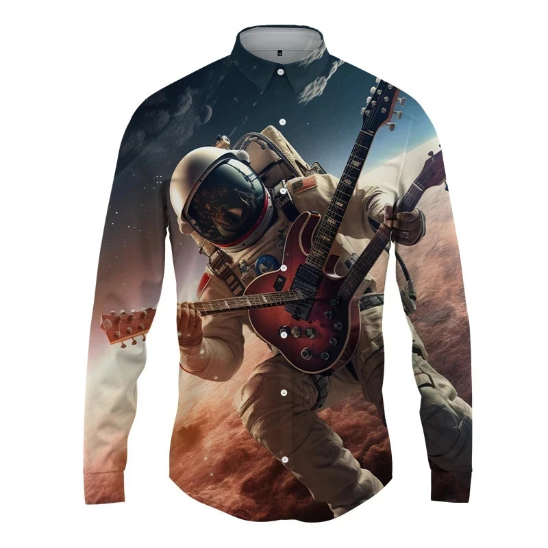 thumbnail image 1 of Camisetas con estampado 3D de astronauta espacial para hombre, camisetas casuales de manga larga con botones, ropa de calle, blusa de gran tamaño para hombre, 1 of 5