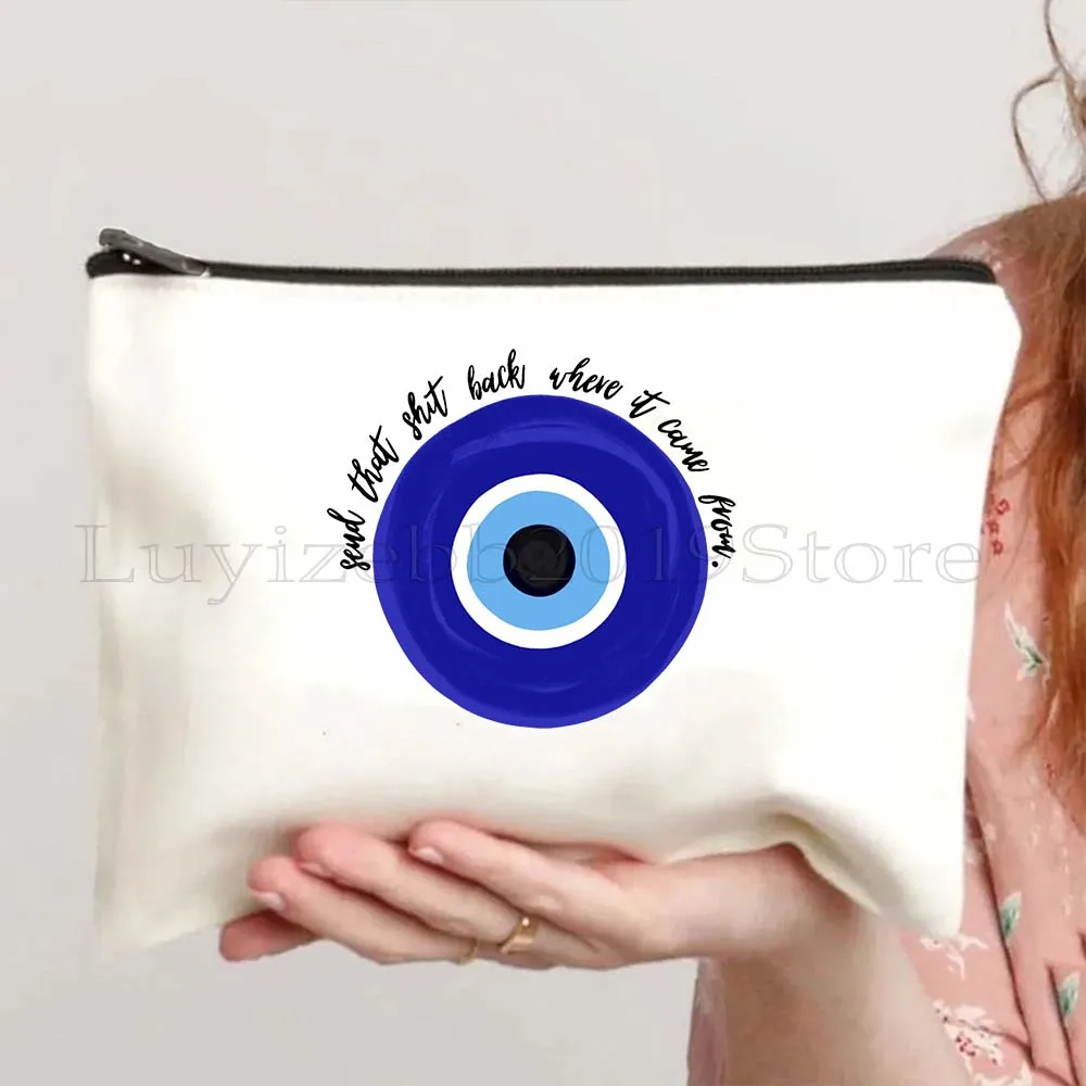 Colorful Blue Evil Eye Charm Nazar Amulet Love Heart GREECE Boho Mandala Canvas Bag Cosmetic Makeup Bag Pencil Case Zipper Pouch 5