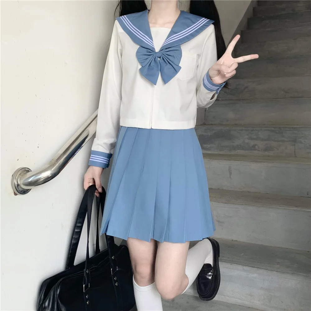 Japanese Korean Style Cute Blue Sailor Set Women Seifuku Student JK Uniform Sailor Suit Cosplay Costumes Girls Pleated Skirt