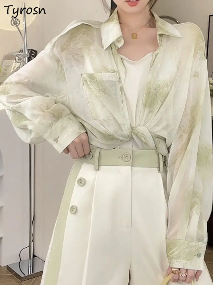 

Женские летние солнцезащитные рубашки, модные нежные универсальные рубашки для отдыха с длинным рукавом, повседневный принт для студентов, для зрелых дам, с отложным воротником