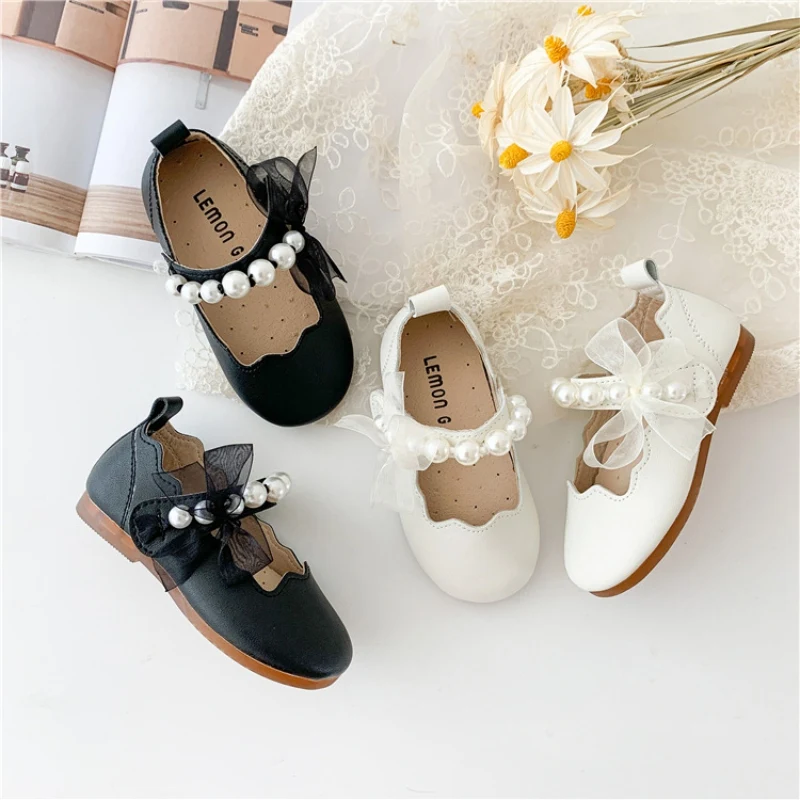 Autumn Girls Children Solid Leather Shoes Cute Pearl Mesh Lace Soft Sole Princess Shoes Newborn Kids Elegant Casual Dance baby shoes kids shoes