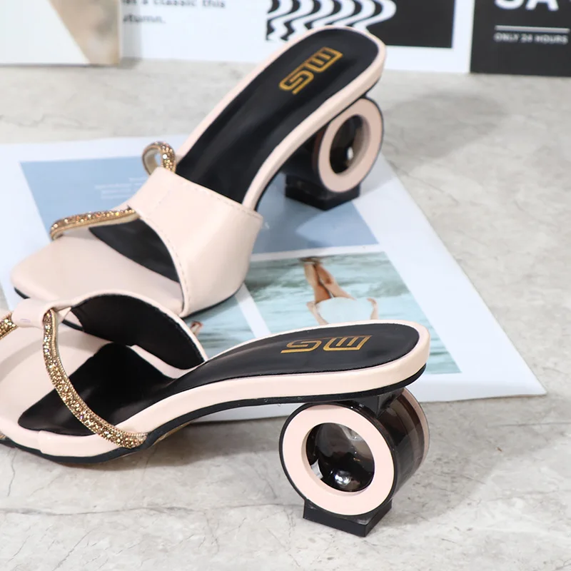 Plus Size 42 Women's Shoes 2022 Summer New PU Metal Chain High Heel Sandals Open Toe Fashion Simple Outer Women's Slippers