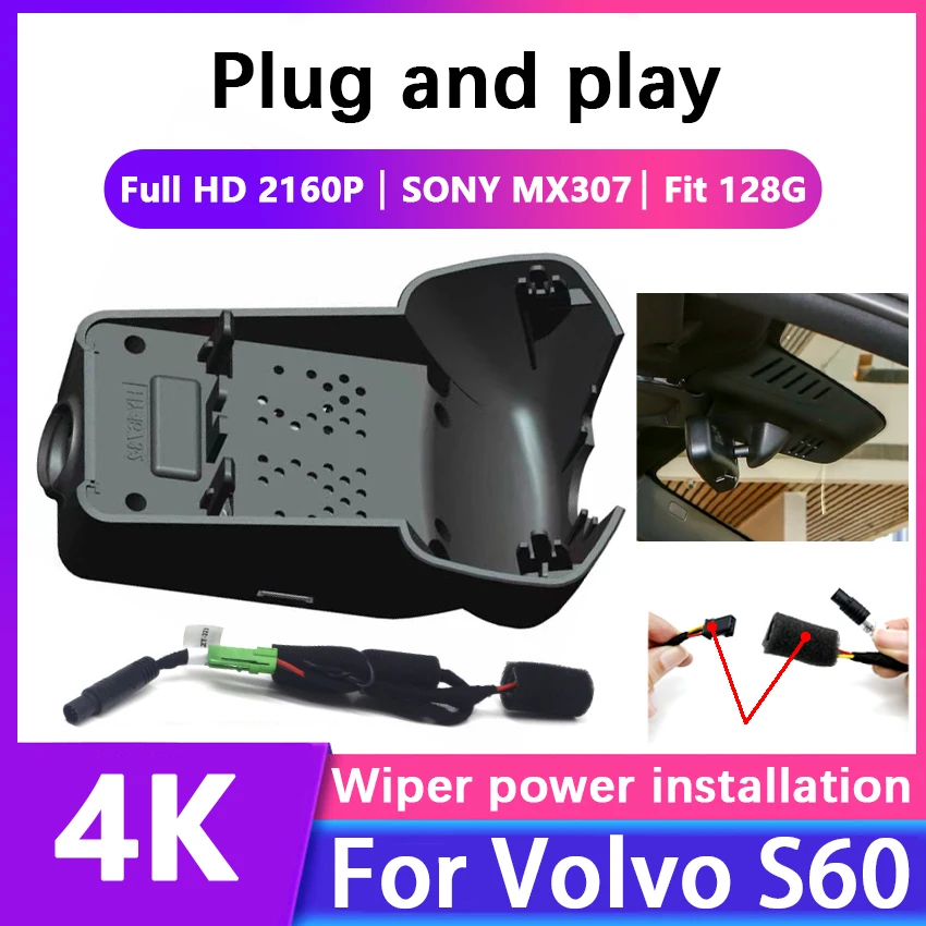 

Car DVR For Volvo S60 2023 2024 NEW 4K 2160P UHD Dual Lens DVR Front And Back Hidden Dash Cam Plug And Play Car Auto Accessories