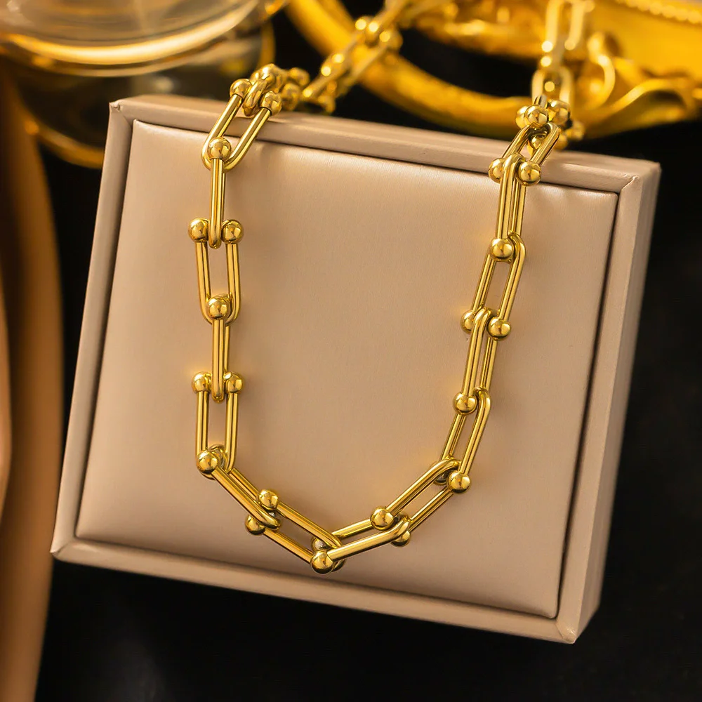 316L Stainless Steel Fashion Stitching U-shape Stitching Thick Chain Necklace Bracelet Earring Set Wedding Jewelry Set 1