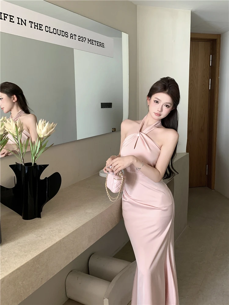 Sexy Bodycon Satin Evening Party Dress Sleeveless Halter Slim Mermaid Summer New Midi Dresses for Women Prom Vestidos Mujer