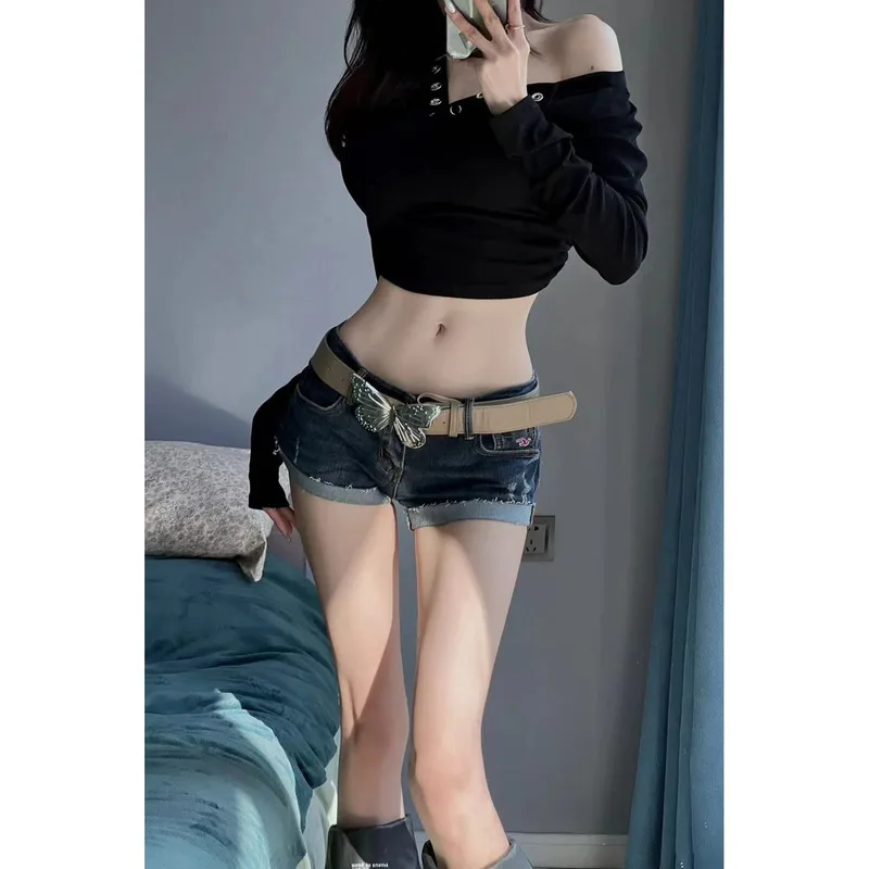 Sexy Sweet Spicy Girl Retro Denim Waist Shorts Women's 2024 Summer Low Waist Slim and Small Stature Curled Hem Pants Trend Short