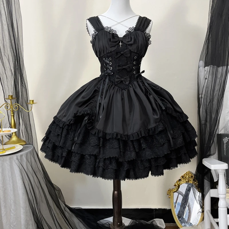 Lolita Gothic Style JSK Strap Dress Women Spring and Summer Sweet Girls Black Cape Shirt Sling Dress 2 Piece Set