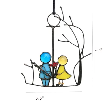 스테인드 글라스 천사 커플 인형 창문 걸이, 썬캐처 아트 행잉 펜던트, 집 장식품용 벽 문짝 장식