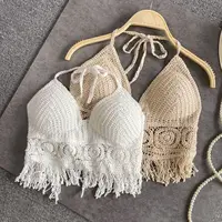 Femmes Crochet haut à licou été plage tricot réservoir court frange Boho à lacets dos nu Cami Blouse Festival vacances porter 5