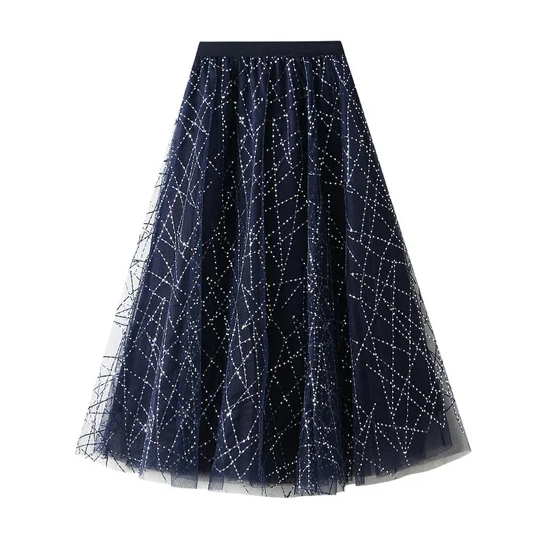 

Модная яркая шелковая длинная юбка из тюля для женщин, Корейская элегантная трапециевидная сетчатая юбка средней длины с высокой талией, синяя, красная, P581