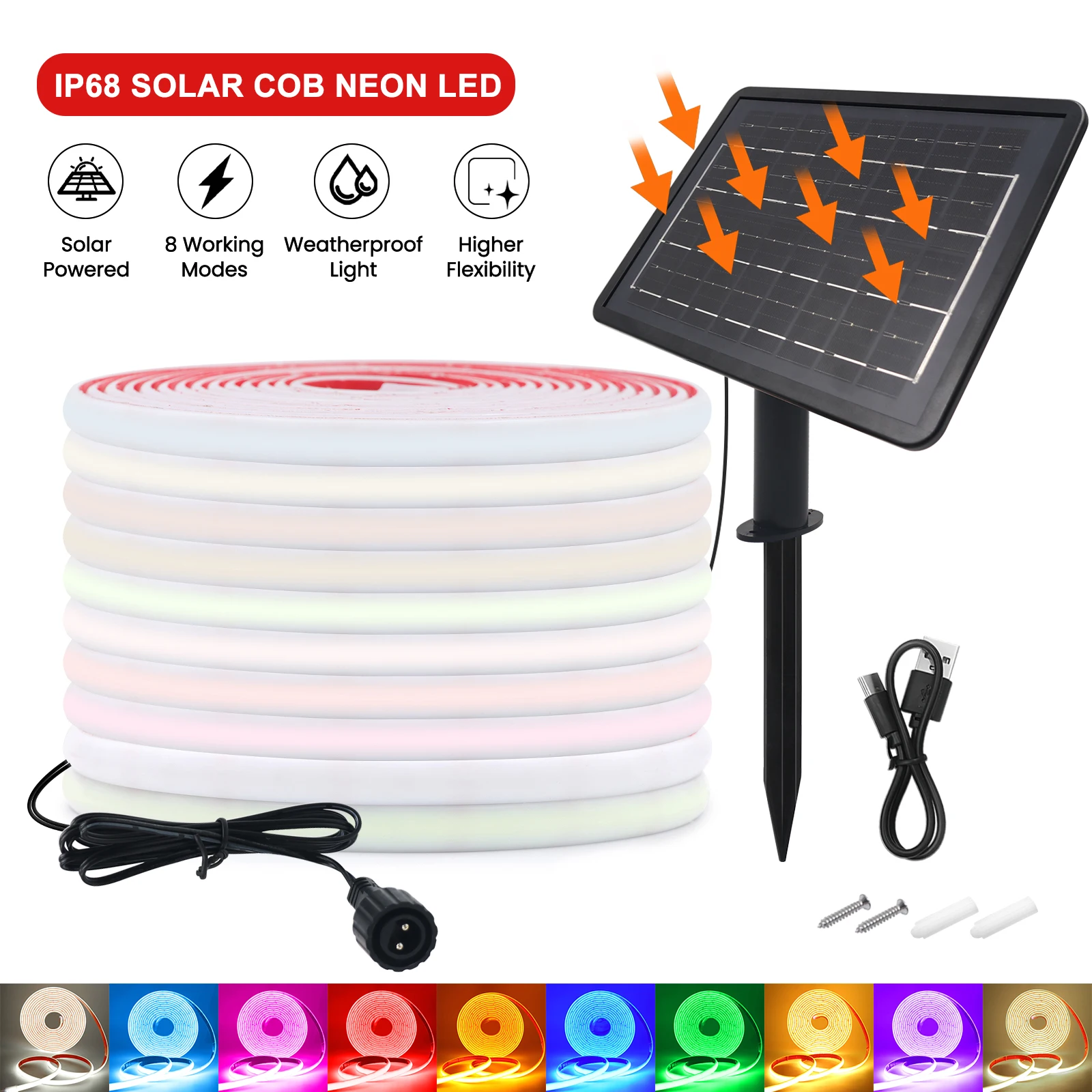 IP68 방수 태양 COB LED 네온 스트립 DC24V 320Leds/m 유연한 리본 테이프 화이트/레드/아이스 블루/핑크 LED 스트립 정원 장식