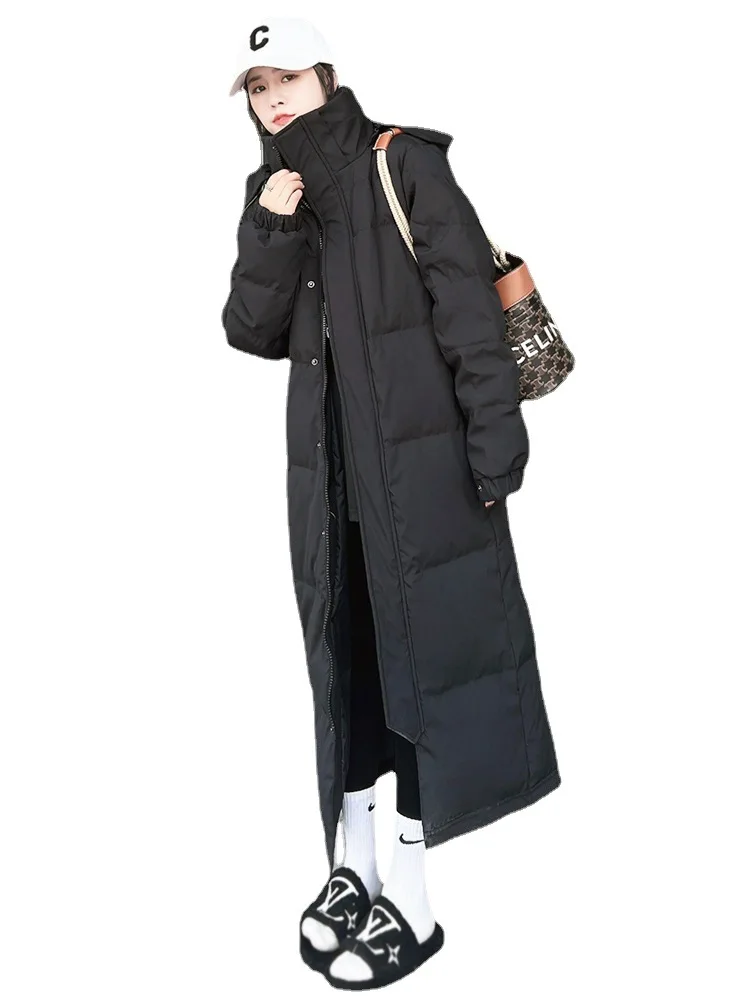 Long below the Knee down Jacket Unisex Thickened Winter New White Duck down Black Hooded Loose Extended Coat
