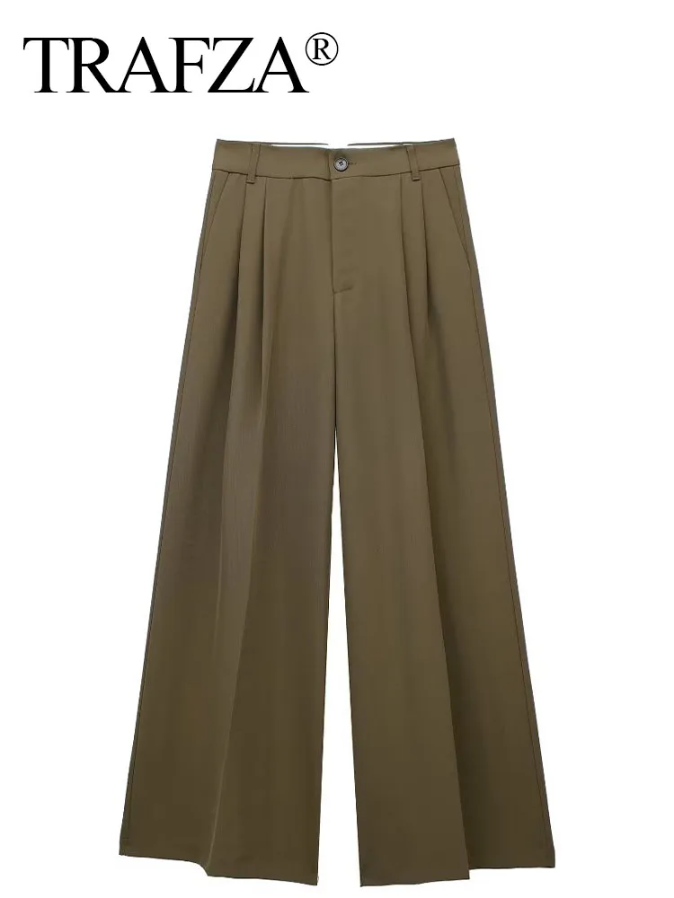 

TRAFZA Female Casual Fashion Solid Vintage High Waist Folds Wide Leg Pants Women Chic Button Decoration Loose Straight Trousers