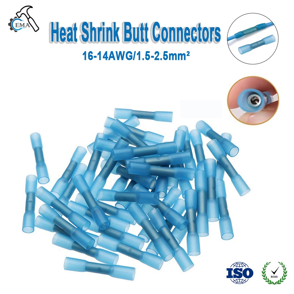 100-1000 Pcs Blue Heat Shrink Waterproof Butt Connectors - 14-16 AWG Wire Terminals