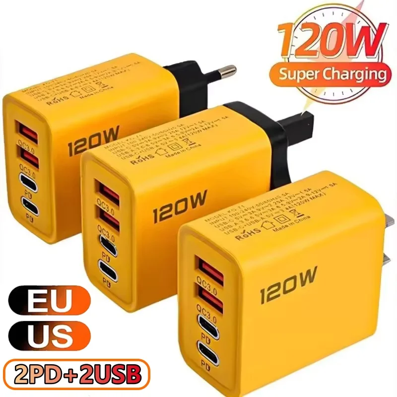 Cargador USB tipo C de 120W con 4 puertos, adaptador de carga rápida para iPhone, Samsung, Xiaomi, cargador de pared de carga rápida
