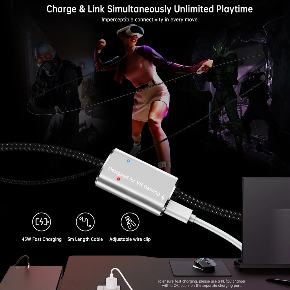 5m VR 링크 케이블 (클립 포함) PD3.0 고속 충전 USB 3.0 - USB C 케이블 데이터 5Gbps 메타 퀘스트 3/2/프로 피코 4 스팀 VR PC용