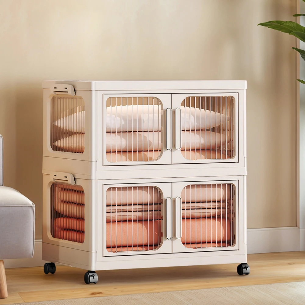 2-Layer Multifunction Storage Cabinet with Wheel Foldable Closet Large Capacity Clothes Wardrobe for Books Clothes Small Gadgets