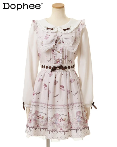 

Japanese Liz Mass-Produced Peter Pan Collar Lace Bow Floral Dress Women Lolita Sweet Print Long Sleeve Slim A-line Dress