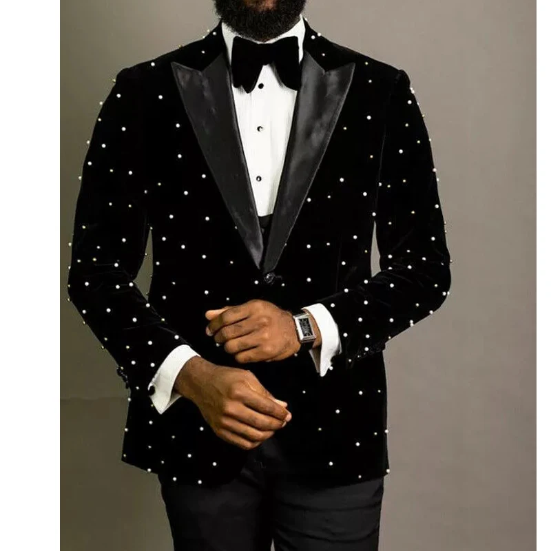 Stunning Beads Men Suits Slim Fit Black Velvet Wedding Tuxedos 2 Piece African Fashion Jacket with Pants Groom Wear