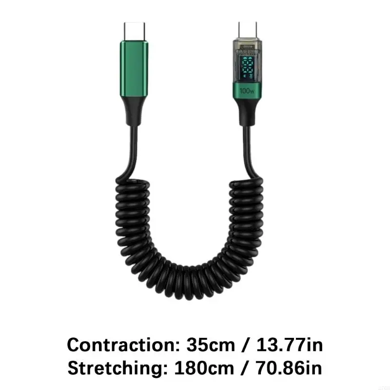 100W 초고속 USB C 케이블 스프링 코일 신축성 코드 디지털 디스플레이 안전 충전 휴대폰용 대용량 전원 공급