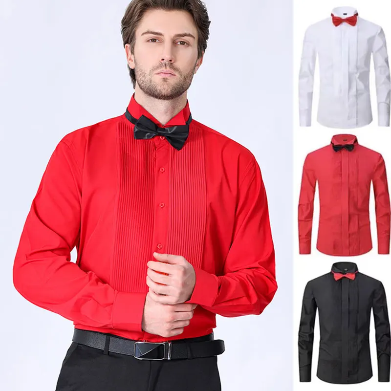 American Men's Tuxedo Long Sleeve Shirt Spring and Summer Dress French Bow Tie Solid Color No-iron Groomsmen Mens dress shirt