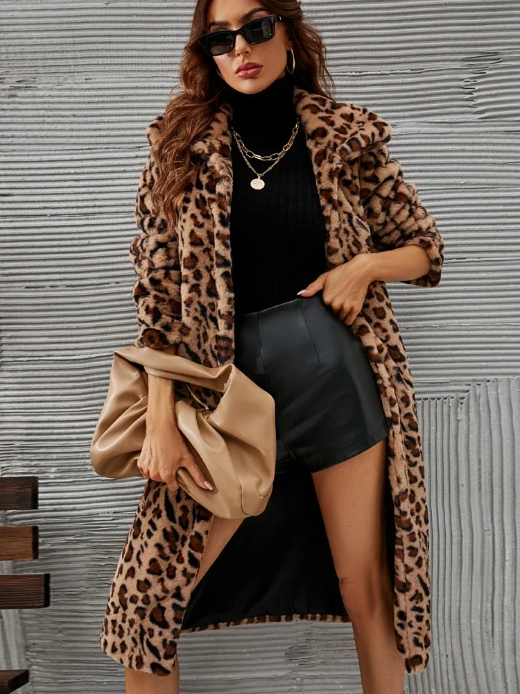 

Winter Women's Warm Faux Fur Long Coat Leopard Leisure Women Shaggy Fur Long Jackets Thick Fluffy Luxury Bontjas Outerwear 2023