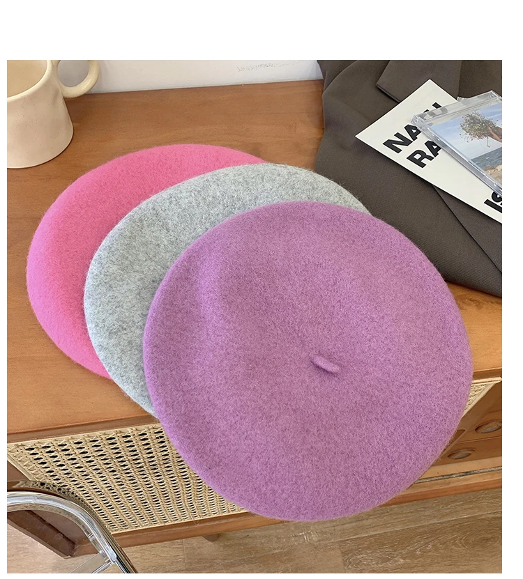 Wolle Baskenmütze Hut Für Frauen Herbst Winter Retro Britischen Candy Farbige Solide Weiche Berets Flache Vintage Maler Kappe Casual Warm Halten – Detail 16