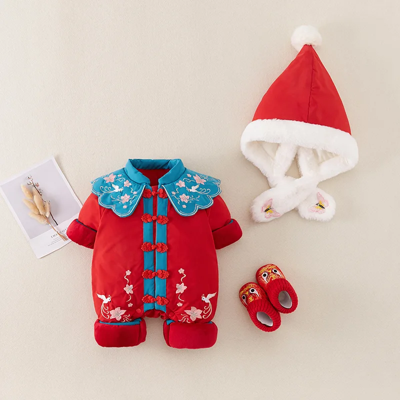 Newborn Infant Baby New Year Tang Suit Romper Jumpsuit +Hat+ Shoes Sets Chinese Style Jumpsuit Sets Spring Festival Baby Clothes