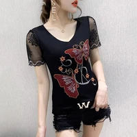 Haut de gamme mode d'été vêtements coréens T-shirt Chic papillon diamants maille haut pour femme Sexy creux à manches courtes tout Match t-shirts 3