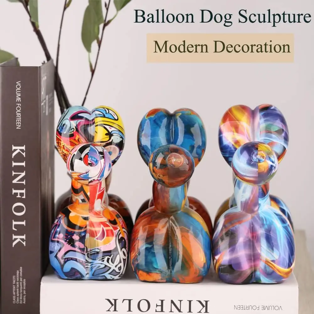 Resin Graffiti Balloon Dog Statue Colorful Animal Dog Water Transfer Sculpture Modern Dog Home Decoration Desktop Decoration