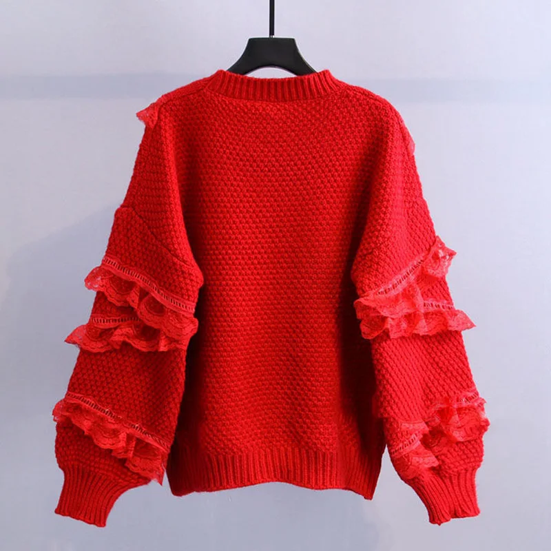 Womens 2022 Autumn Winter Fashion Lace Loose Sweater Tops Female O-neck Twist Knitted Tops Ladies Thicken Warm Pullovers Sweater black sweater