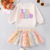 Kids Girls Sister Family Matching Outfits Skirt Set Long Sleeve Embroidery Letters Sweatshirt with Flower Tulle Skirt 2 piece 4