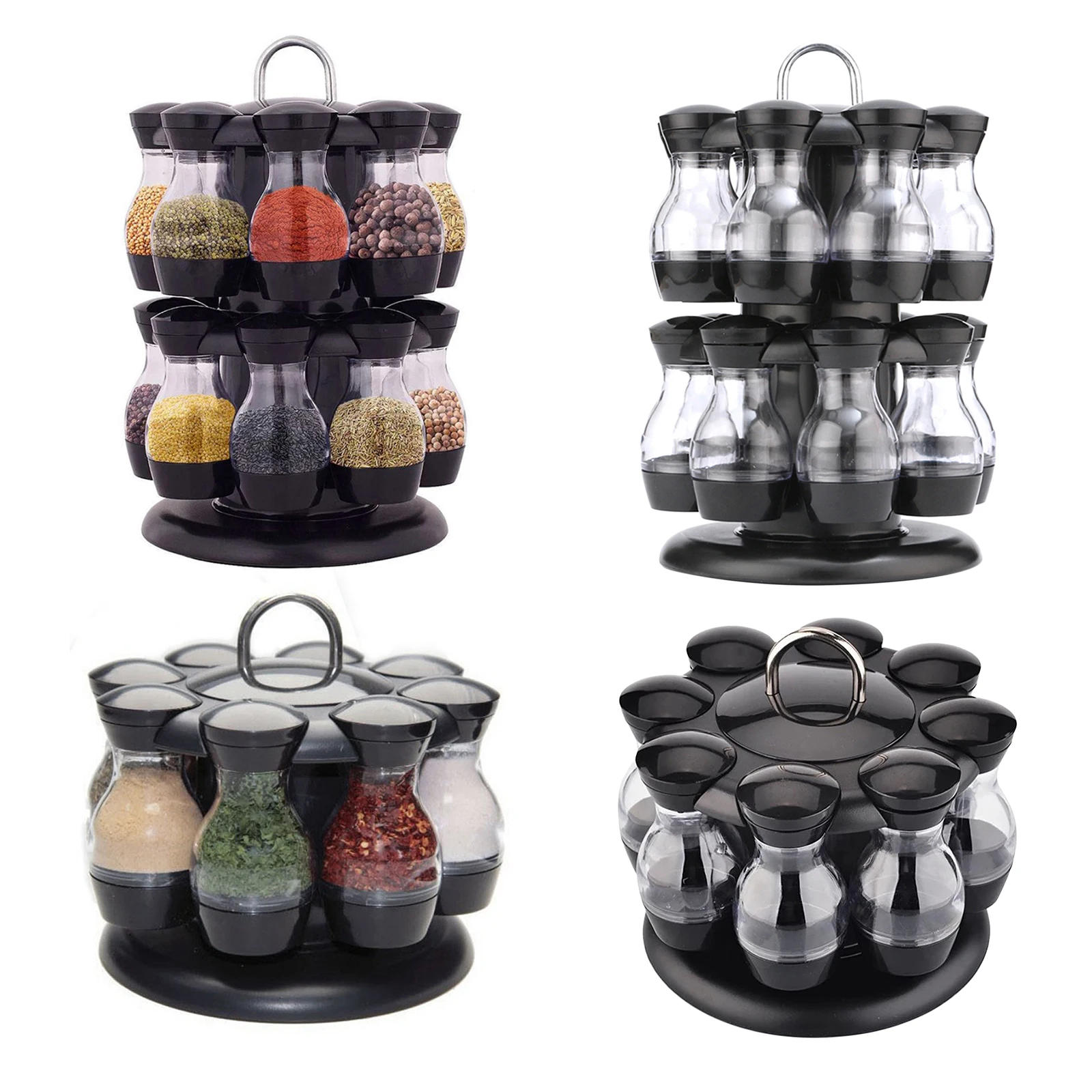 Rotating Spice Rack 8/16-Jar Herbs Seasoning Condiment Jars Lid