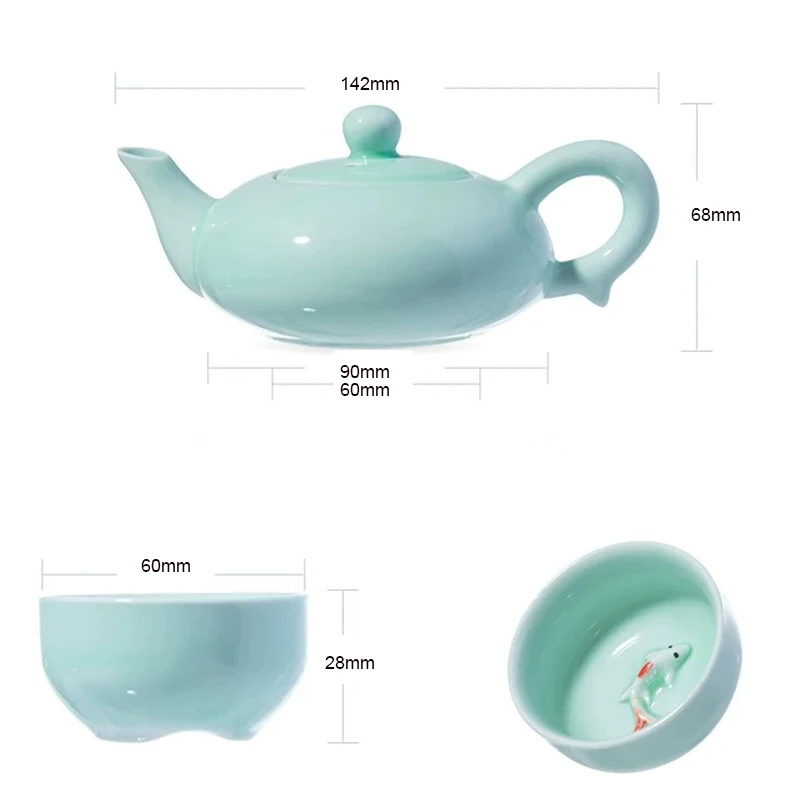 Description Picture 2 of item7/9PCS tea set , 9pc kung fu tea set: 1 teapot and 4 Koi tea cup, 1 tea wood tray, 1 tea travel bag, 1 tea tray, 1 clean cloth