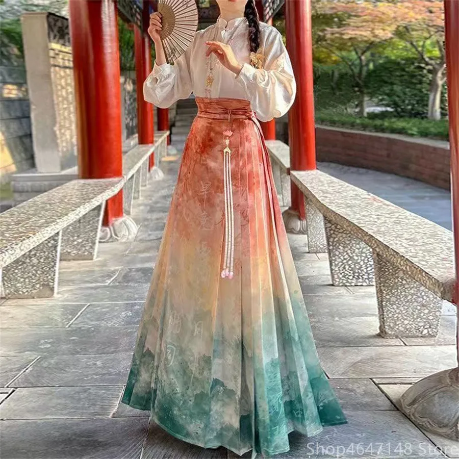 

Hanfu Horse Face Skirt Chinese Hanfu Blouse + Red Blue Ma Mian Skirt Chinese Clothes Women Modern Ming Hanfu