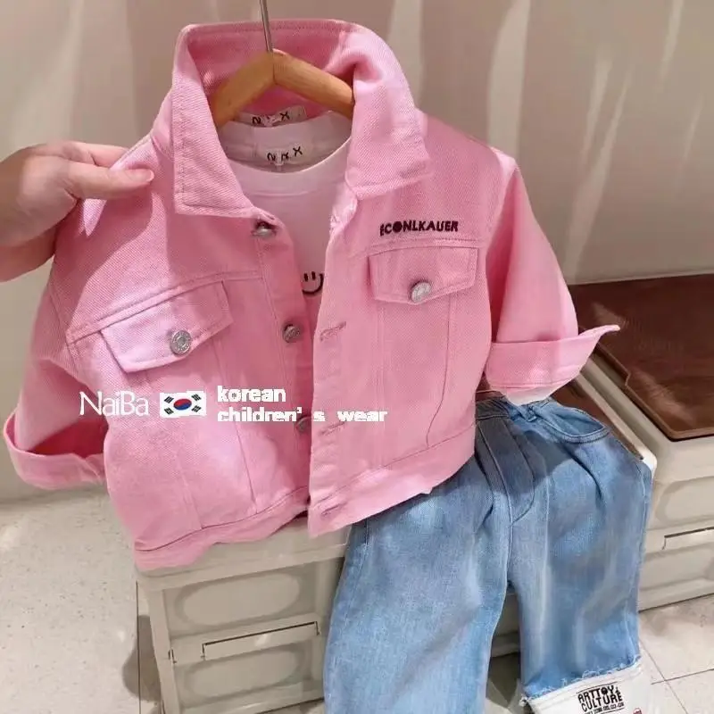 

Korean Children's Clothing Boys And Girl Outerwear Spring 2023 Pink lapel Children's Pure Cotton letter Embroidery Children's