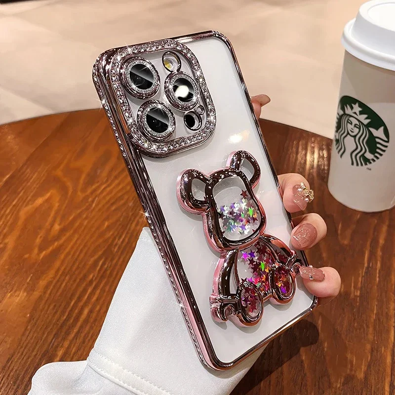 Glitter Quicksand Bear Diamond Case for iPhone 15 14 13 16 17 Pro Max 17 Air Plus 11 12 Gradient Rhinestone Plating Soft Cover
