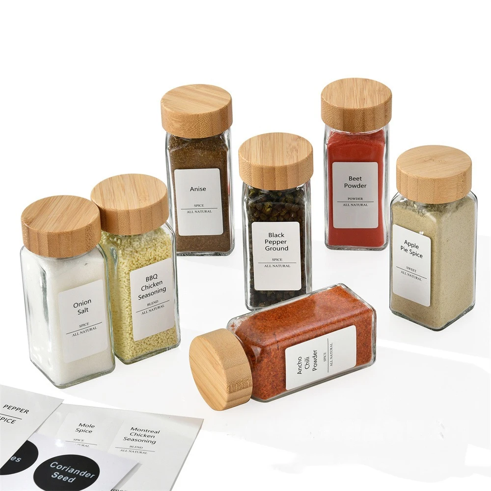 120ml Bamboo Wood Lid Seasoning Bottle 4oz Square Bottle Seasoning Jar Spice Bottle With Hole Powder Jar 6
