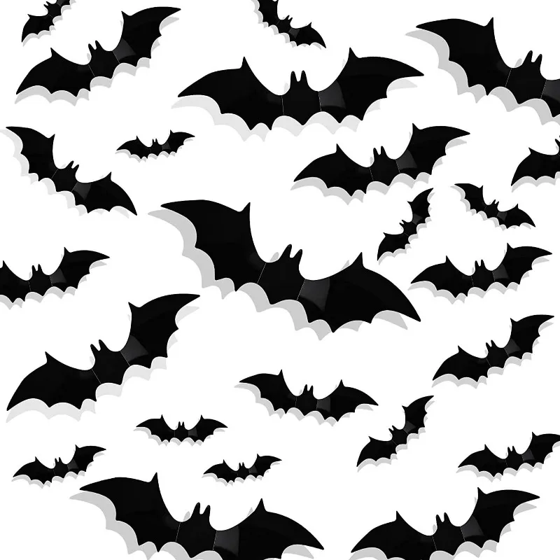 Black 3D Bat Wall Stickers Set 12/24/36/48/60Pcs Halloween Party Essentials For Home Room Decor Window Wall Sticker Glass Decals