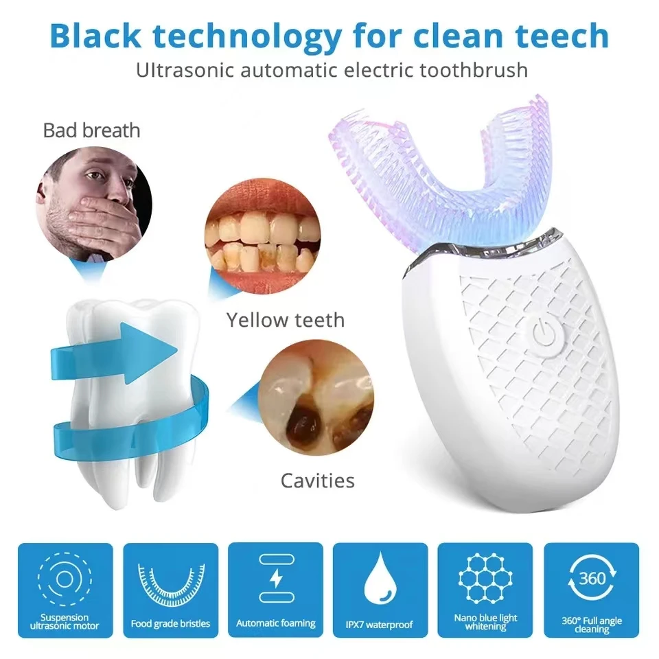 Electric Toothbrush Sonic Automatic UShaped 360 Degree USB Rechargeable Teeth Cleaning & Whitening For Adult