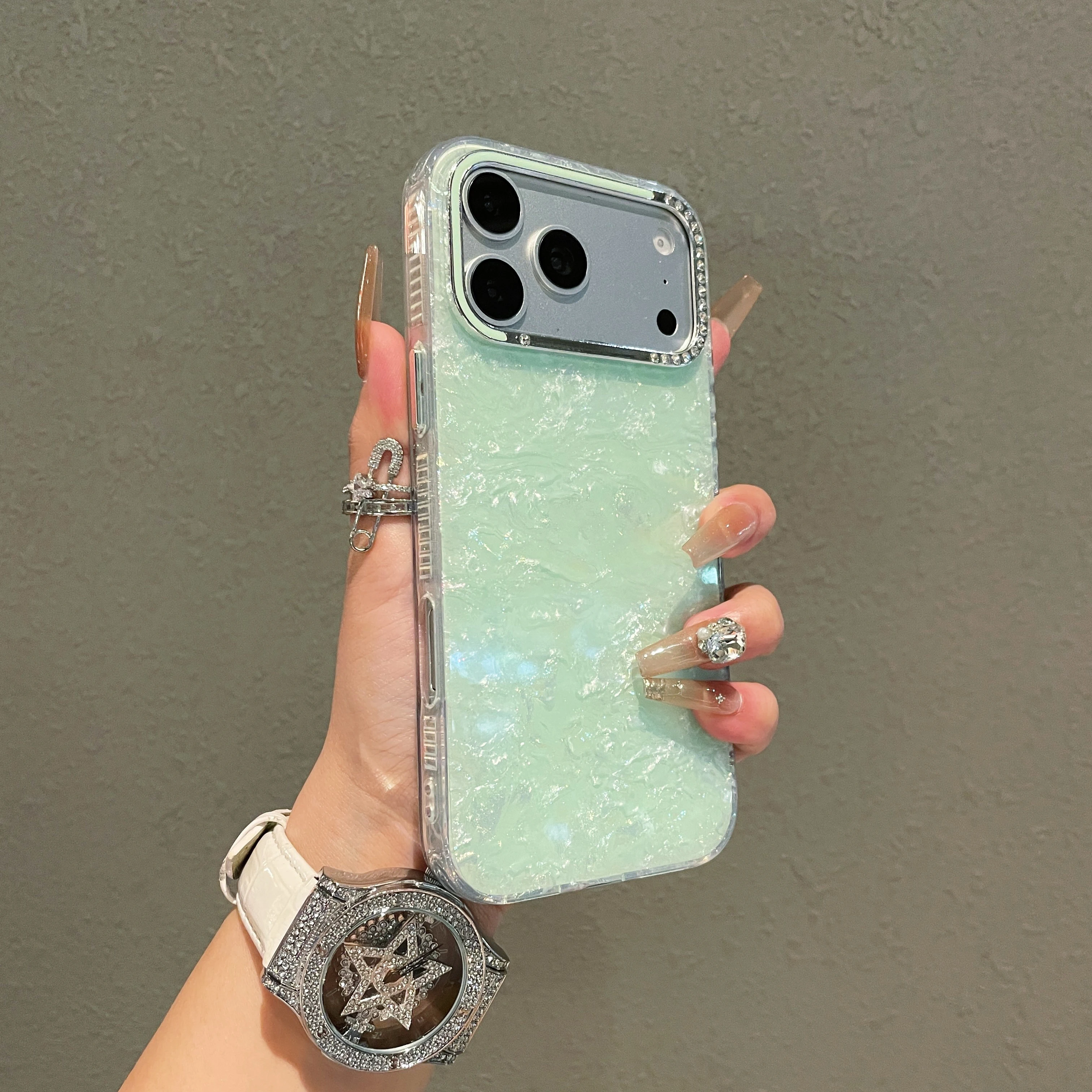 Glamorous Rhinestone Glitter Phone Case with Shell Pattern and Camera Protection