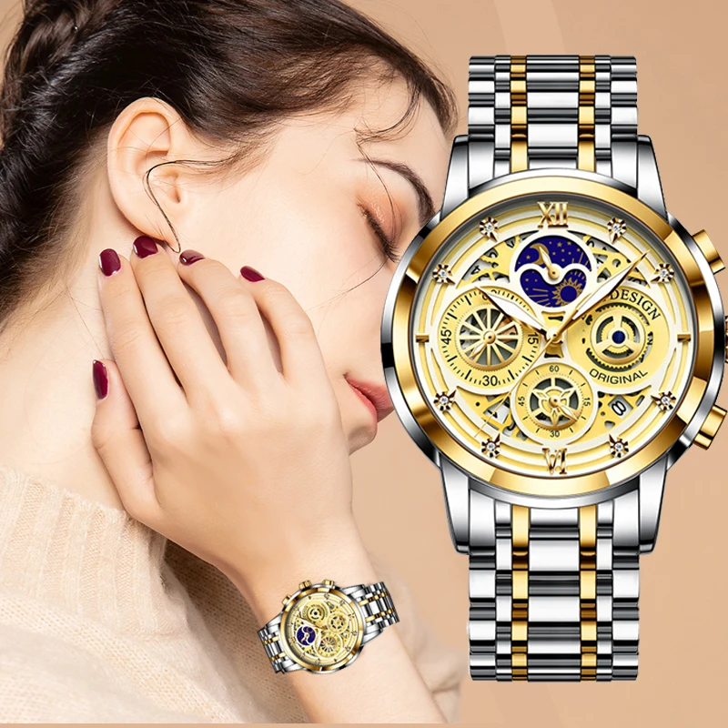 

LIGE Luxury Ladies Watch Women Waterproof Golden Steel Strap Women Wrist Watches Top Brand Bracelet Clocks Relogio Feminino+Box