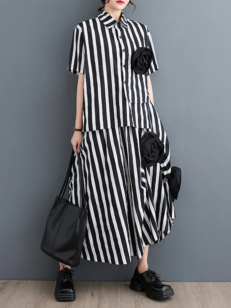 Summer Stripe Floral Casual 2 Two Piece Set Oversized Short Sleeve Loose Blouse Women Shirt Top Fashion Clothing Skirt Suit 2025