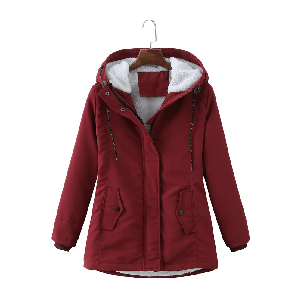 

Women Warm Hooded Jacket Winter Zipper Casual Fleece Coat Fashion Solid Long Sleeve Plush Parkas