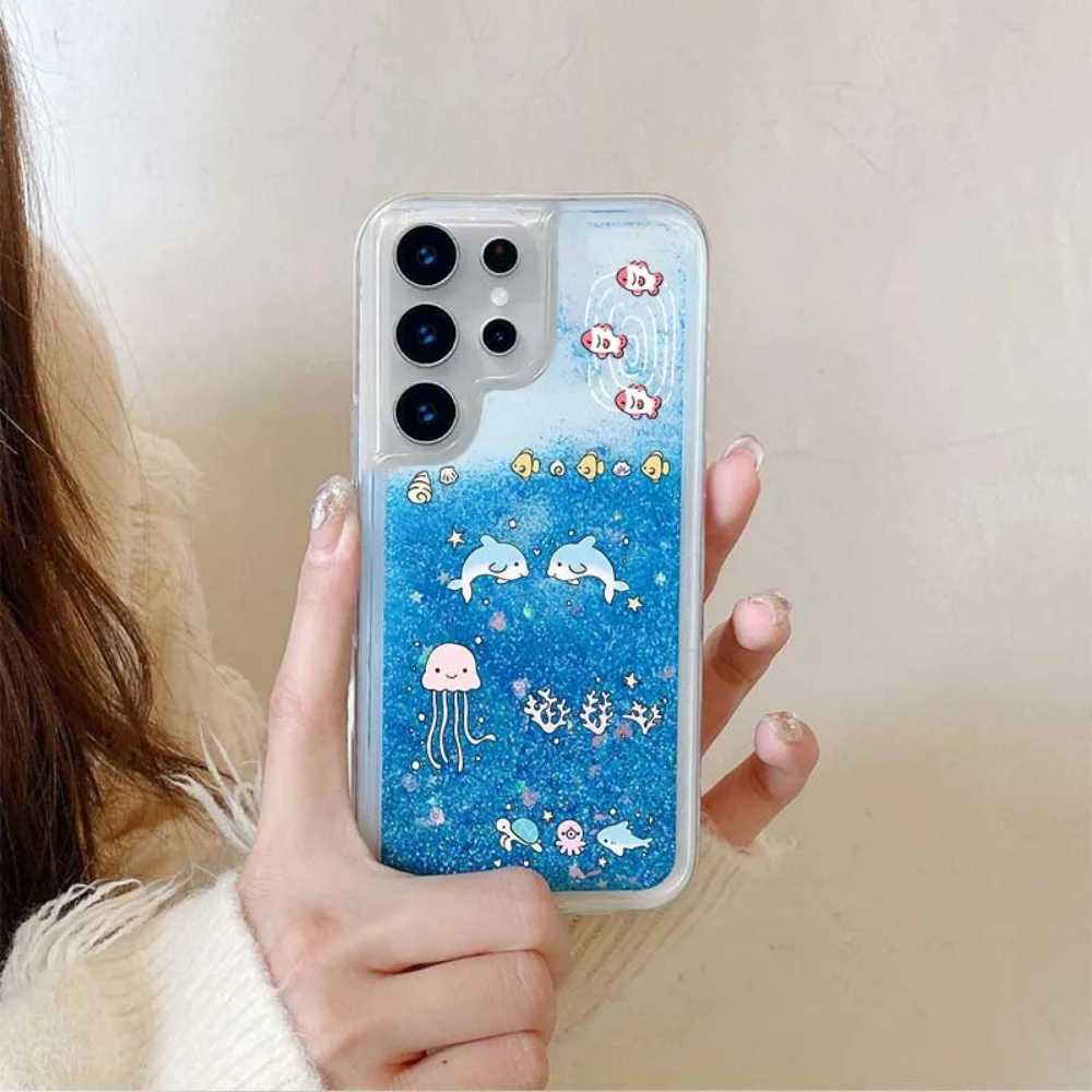 Luxury Silicone Liquid Glitter Phone Case with Blue Quicksand and Clear Bumper