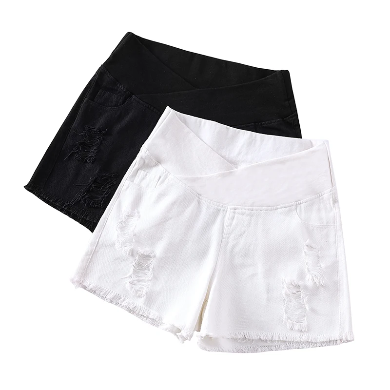 9091# Summer Casual White Denim Maternity Shorts Across V Belly Shorts Clothes for Pregnant Women Hole Hot Pregnancy Jeans pregnant shorts