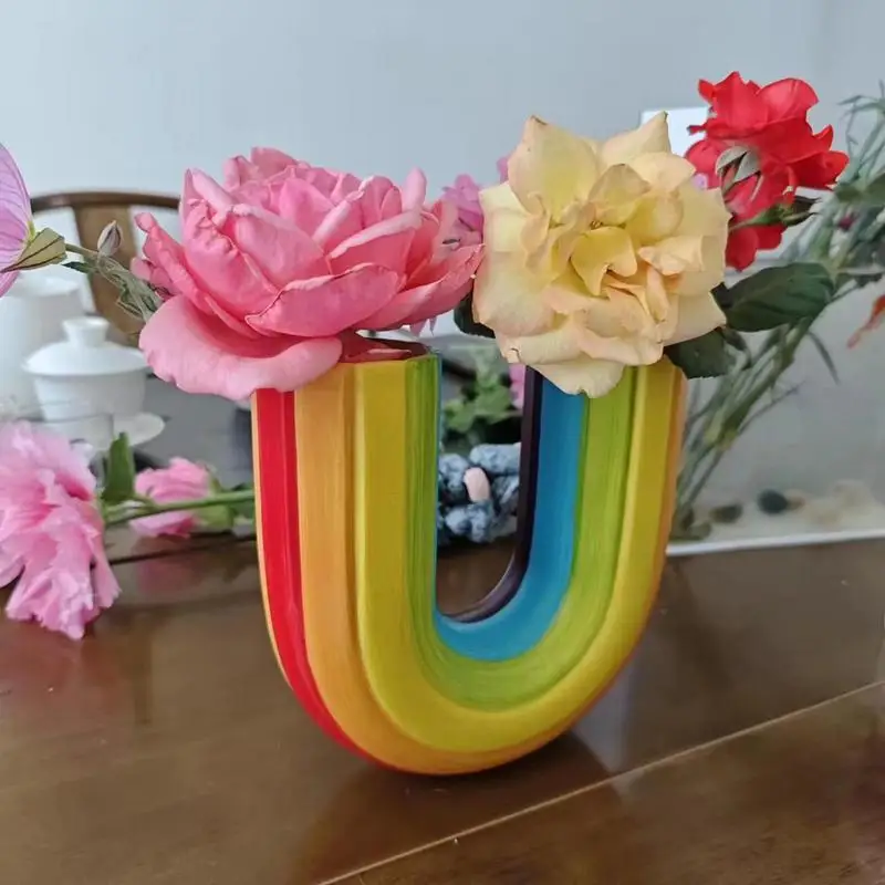 Modern Simple U Shape Vase Creative Rainbow Dried Flower Vase Modern Aesthetic Ornaments Resin Flowerpot For Office Home Decor 5