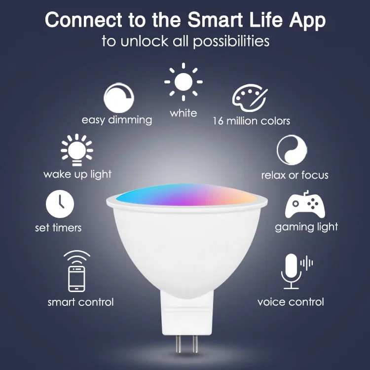 Tuya WiFi Smart MR16 RGBCW Dimmable Bulbs – App, Voice & Remote Controlled Lighting