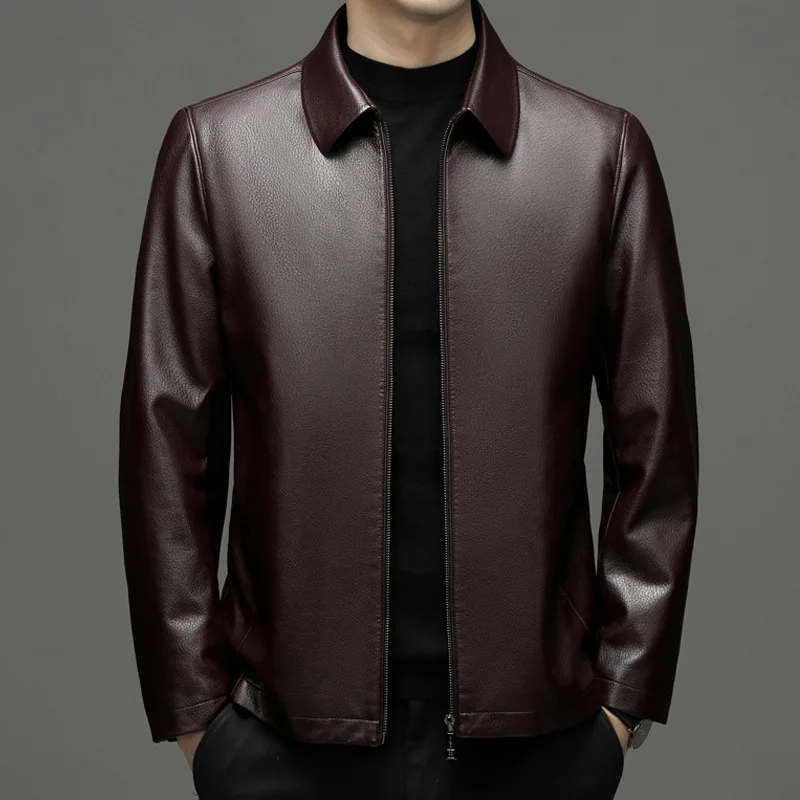 2023 Spring Autumn New Men Solid Color Fashion Lapel Leather Coat Men Casual All-Match Large Dock Layer Cowhide Leather Jacket