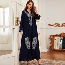 

Mid-eastern Style Women Long Dress Loose Long Sleeve Floral Printing Muslim Patchwork Pullover Spring Dress For Ladies Mid Waist